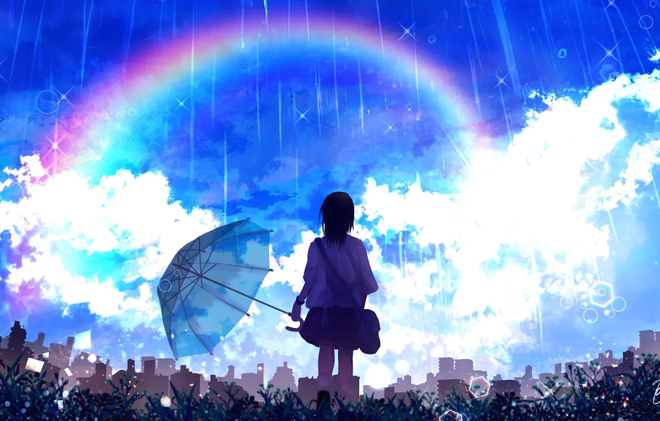 Photo wallpaper the sky, girl, rain, rainbow, schoolgirl