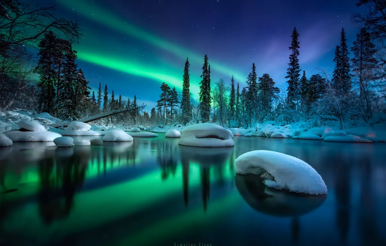 Photo wallpaper winter, forest, snow, landscape, night, nature, river, Northern lights