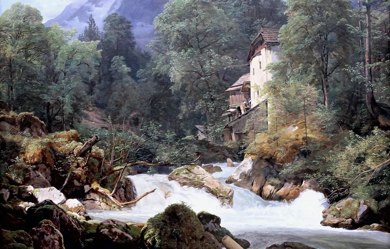 Photo wallpaper picture, 1940, Ferdinand Georg Waldmuller, Ferdinand Georg Waldmüller, Austrian artist, Mill at the outflow of …