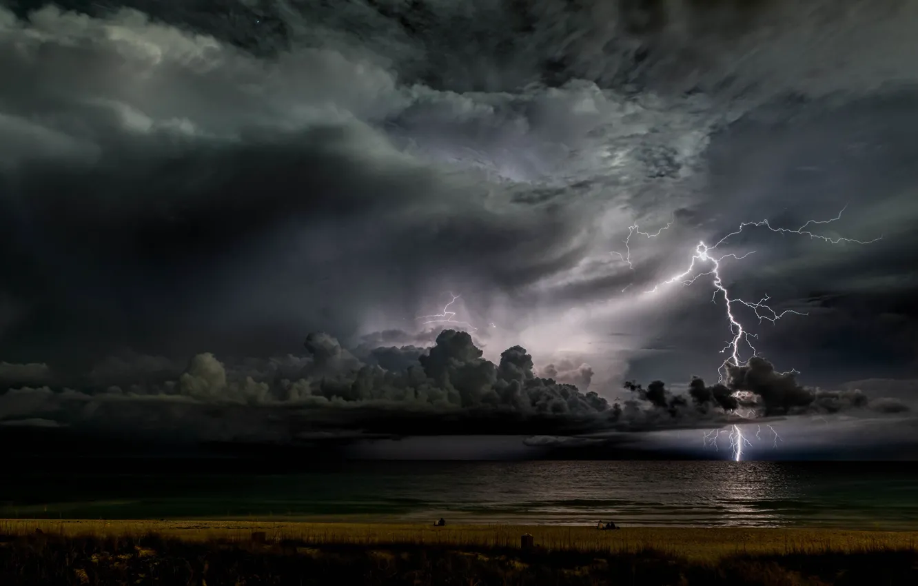 Photo wallpaper the storm, night, clouds, lake, darkness, river, element, the darkness