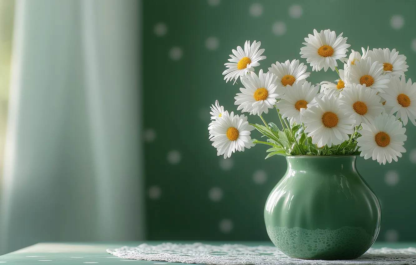 Photo wallpaper flowers, green, table, wall, chamomile, bouquet, curtains, vase