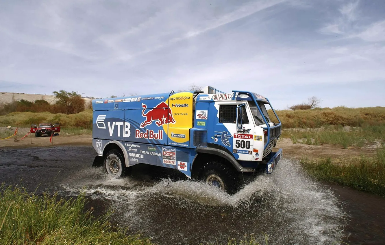 Photo wallpaper Water, Blue, Squirt, Red Bull, KAMAZ, Rally, KAMAZ, Dakar