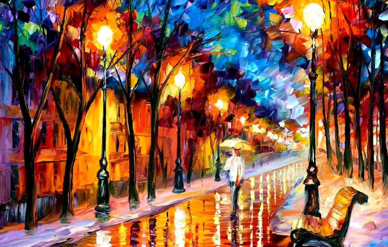 Photo wallpaper road, bench, oil, picture, umbrella, lights