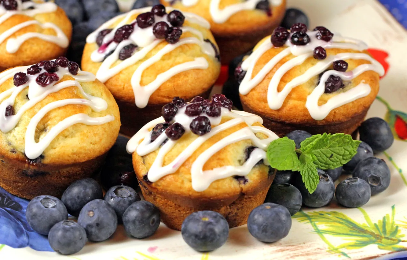 Photo wallpaper berries, blueberries, dessert, cakes, sweet, glaze, cupcakes