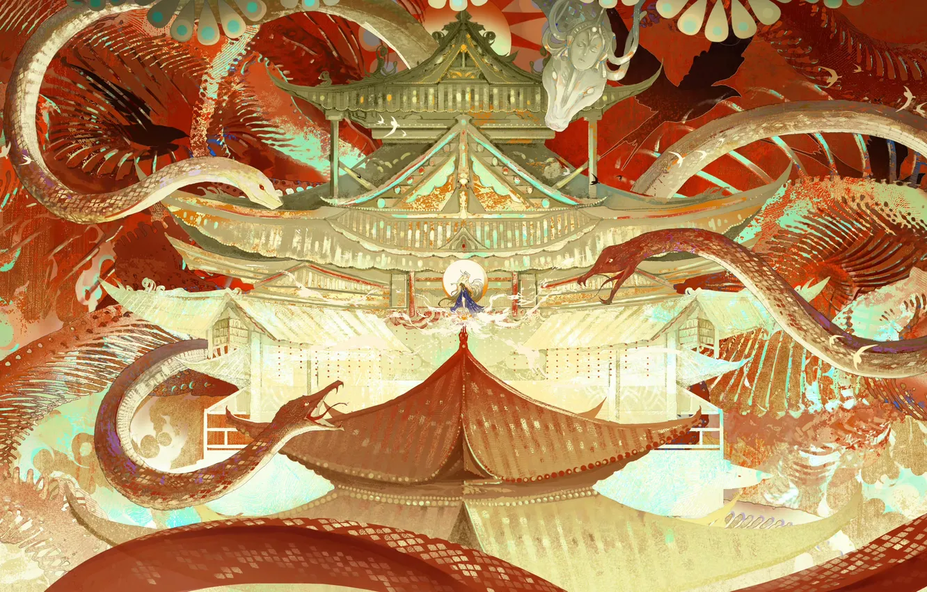 Photo wallpaper castle, dragon, snake, fantasy, China