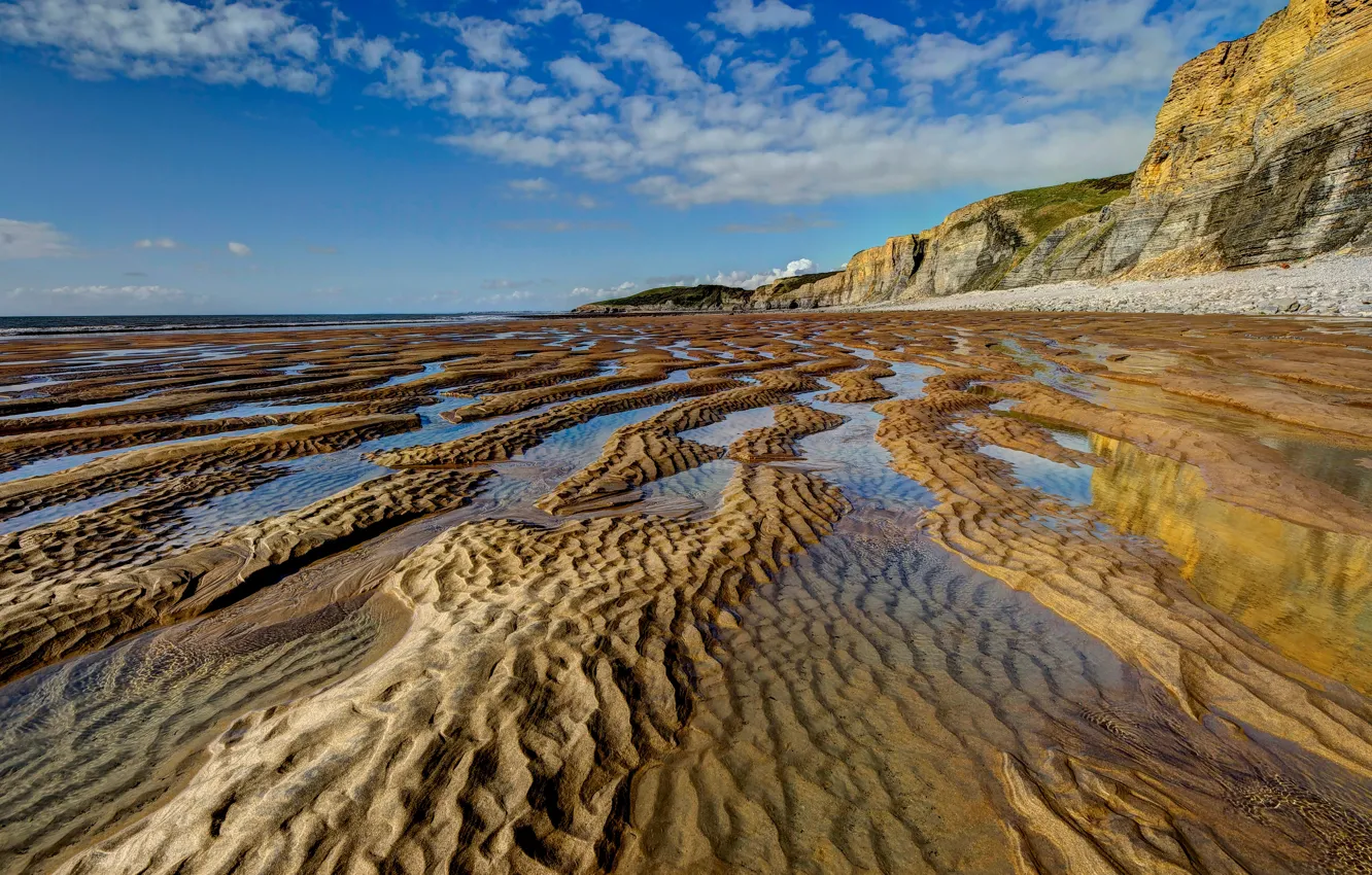 Photo wallpaper sand, sea, beach, the sky, clouds, blue, rocks, shore