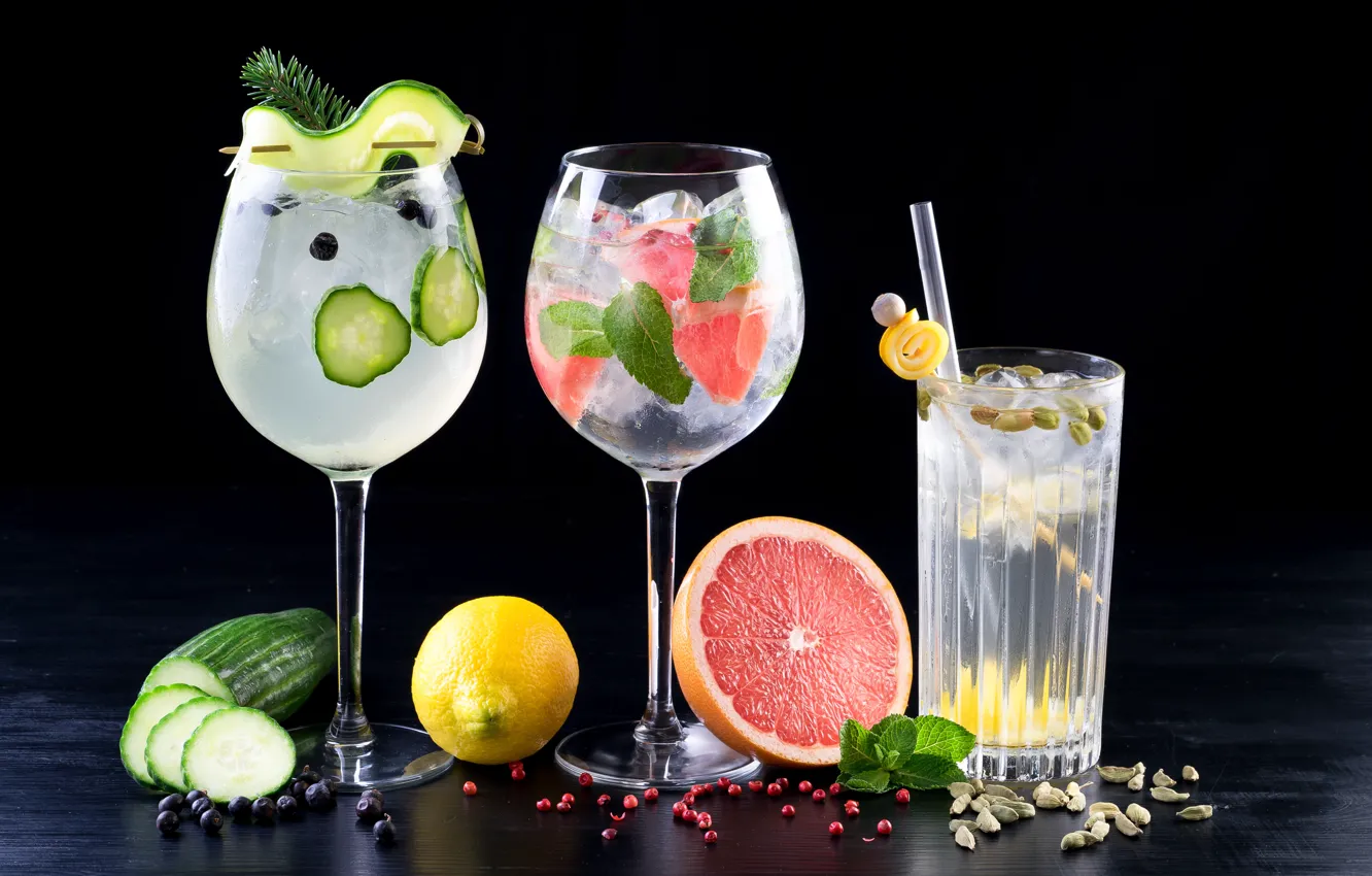 Photo wallpaper ice, lemon, glass, cocktail, drink, fruit, nuts, mint