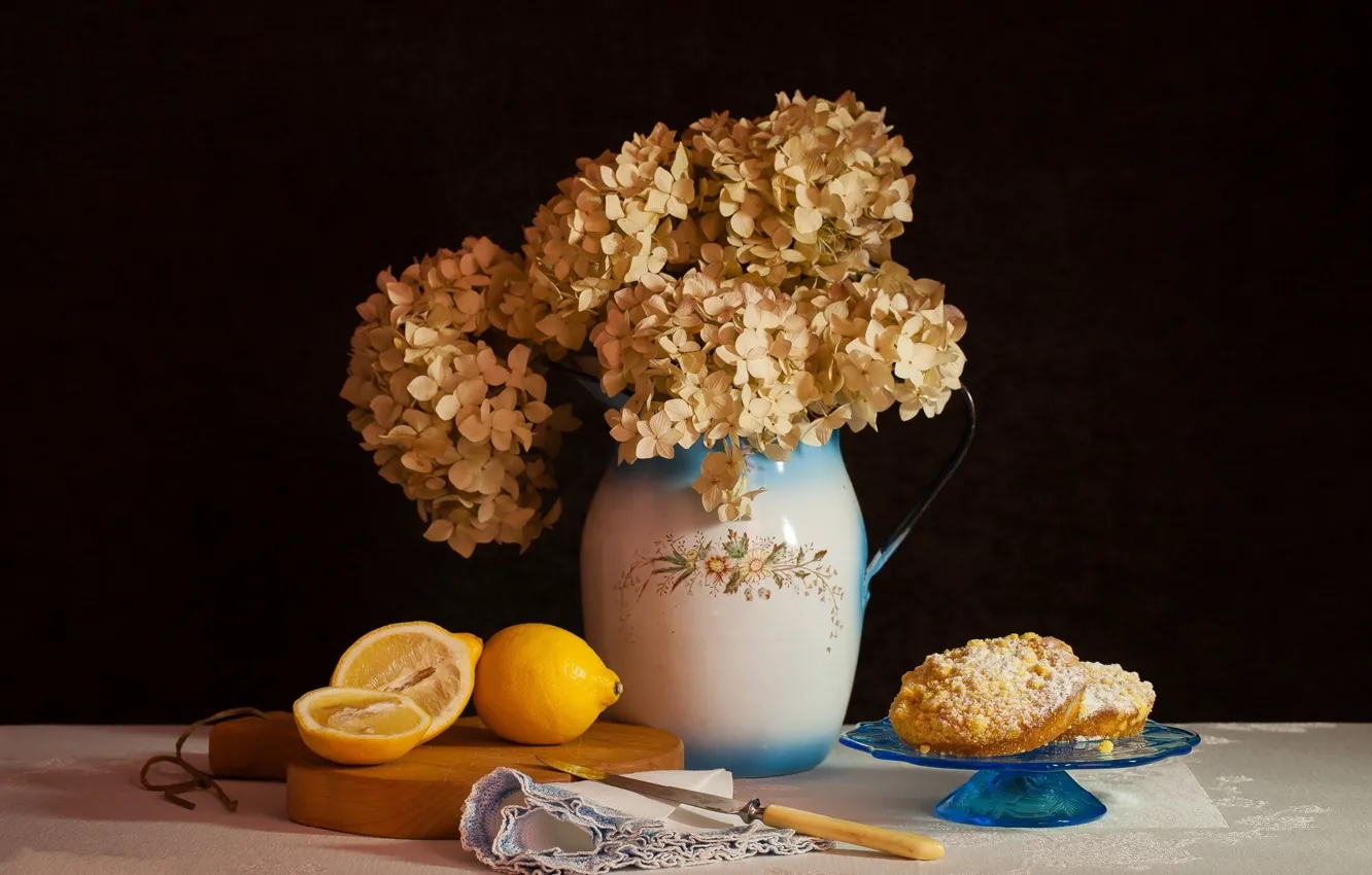 Photo wallpaper food, cookies, vase, still life, lemons