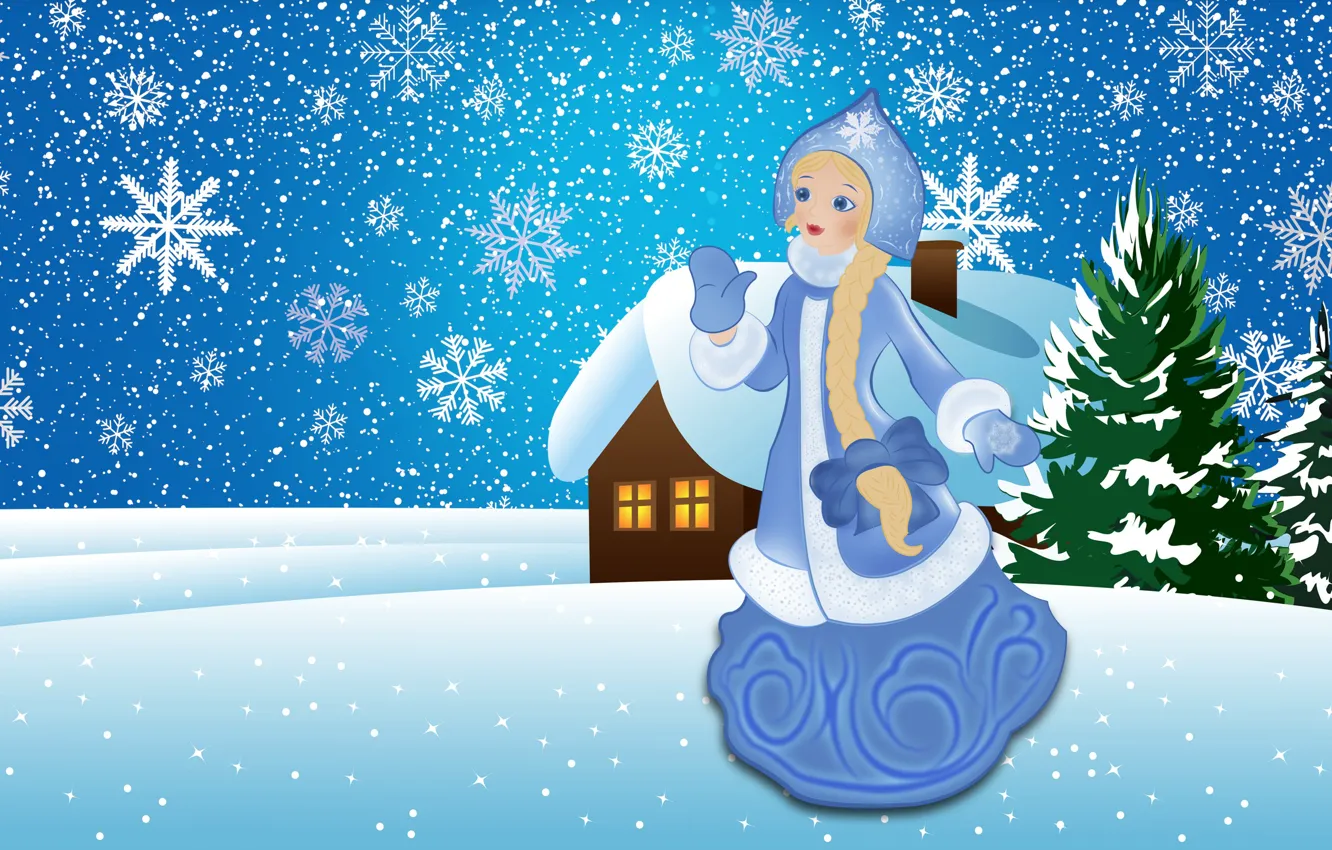 Photo wallpaper winter, girl, snow, snowflakes, background, holiday, figure, tree