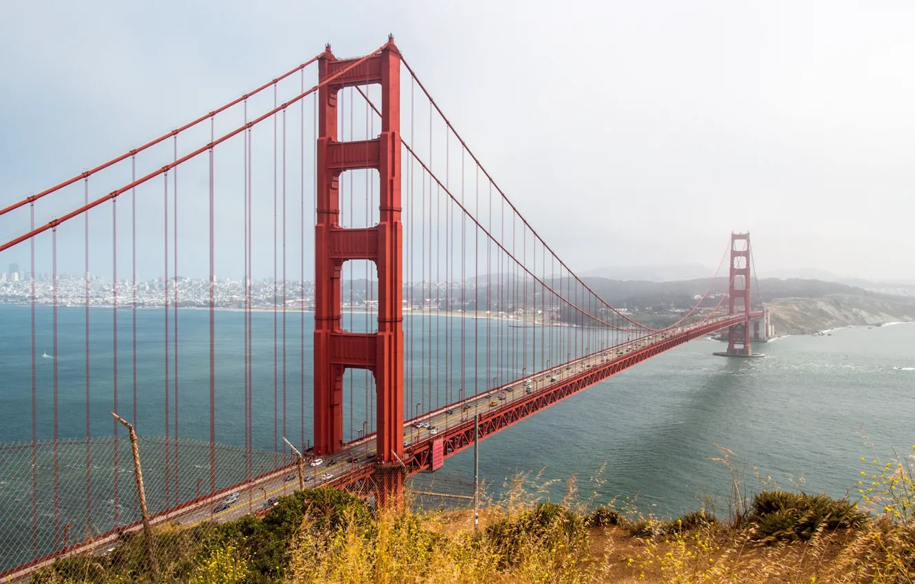 Photo wallpaper sea, bridge, Bay, haze, Golden Gate, USA, San Francisco