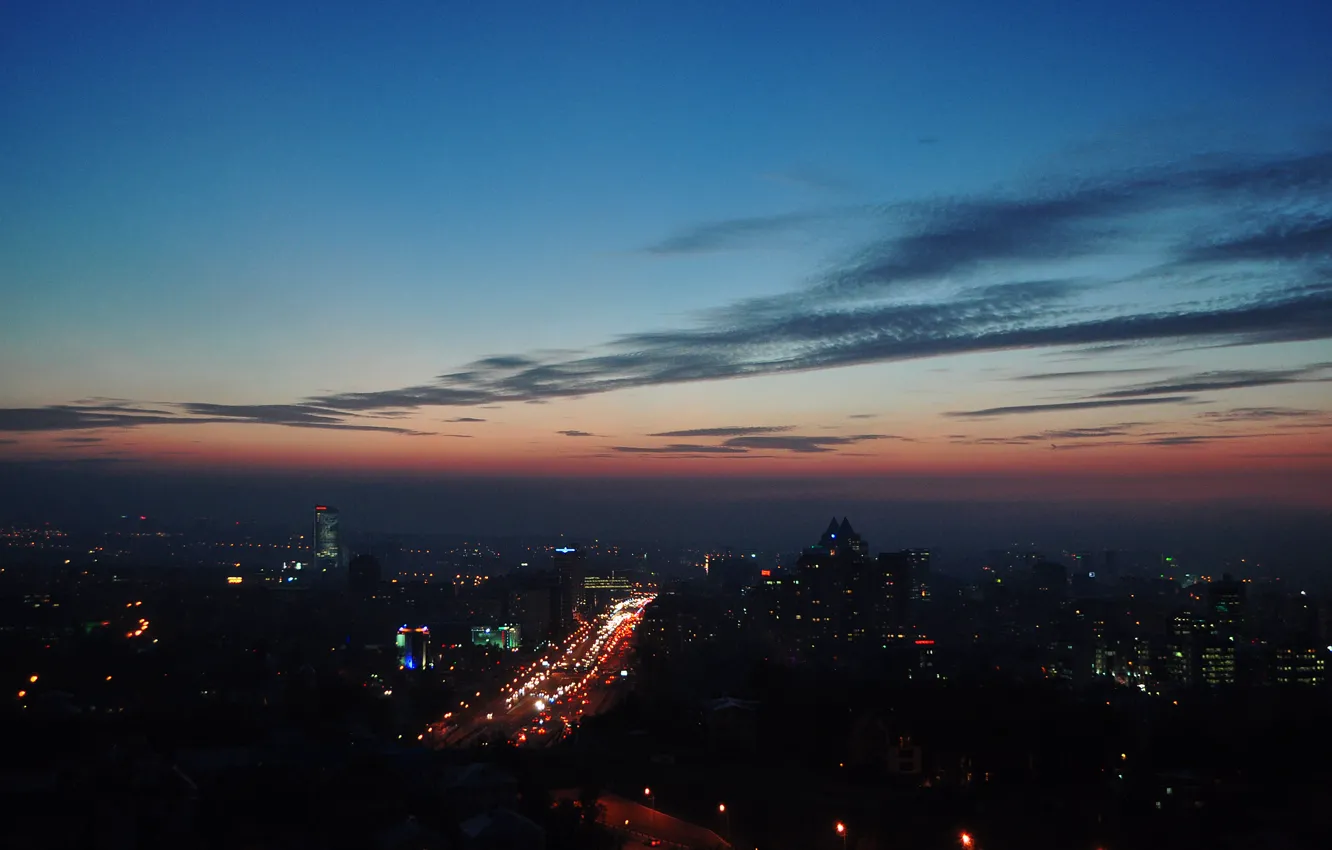 Photo wallpaper road, sunset, lights, the evening, Almaty