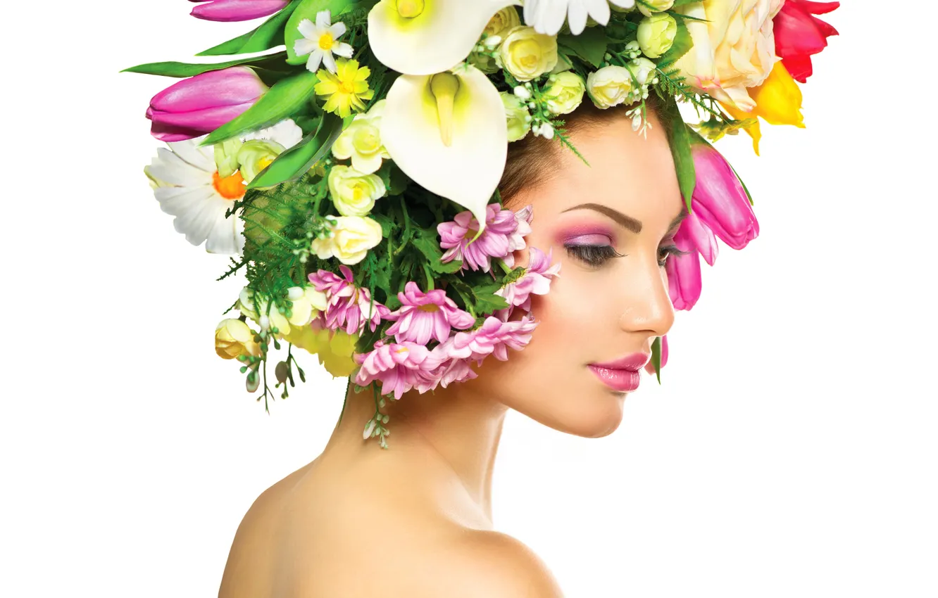 Photo wallpaper white, look, girl, flowers, background, model, spring