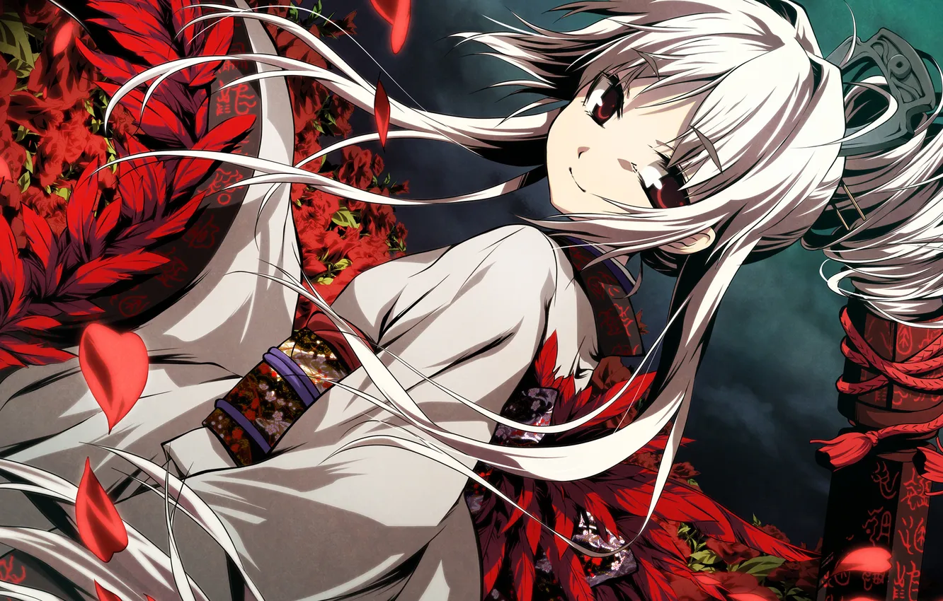Photo wallpaper girl, flowers, posts, feathers, kimono, game, cord, g yuusuke