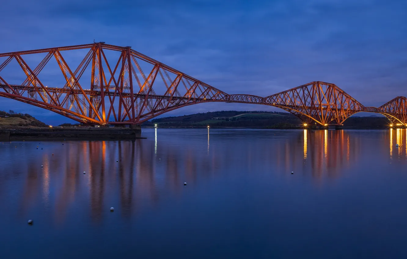 Photo wallpaper the sky, blue, bridge, lights, river, the evening, Scotland, lighting