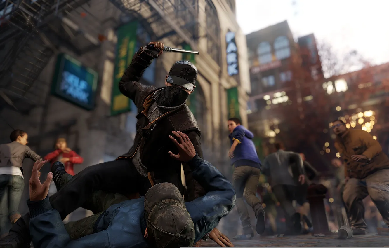 Photo wallpaper people, street, people, fight, stick, Watch Dogs, beating