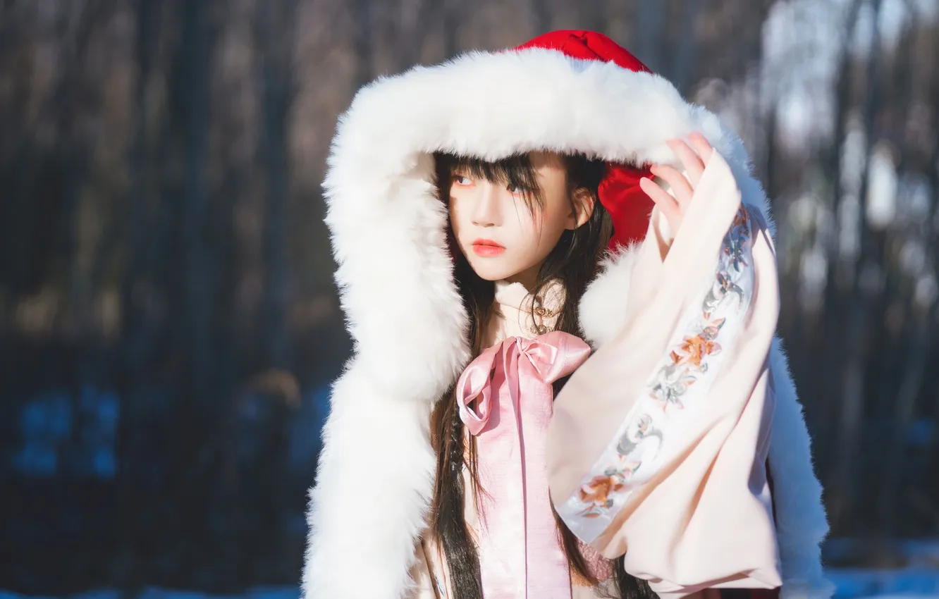 Photo wallpaper woman, beautiful, winter, snow, model, pretty, coat, asian