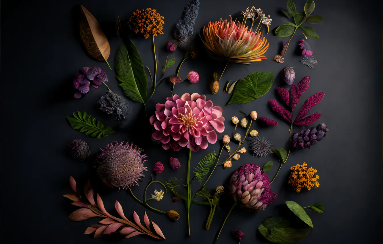Photo wallpaper leaves, flowers, dark, still life, flowers, background, leaves, still life
