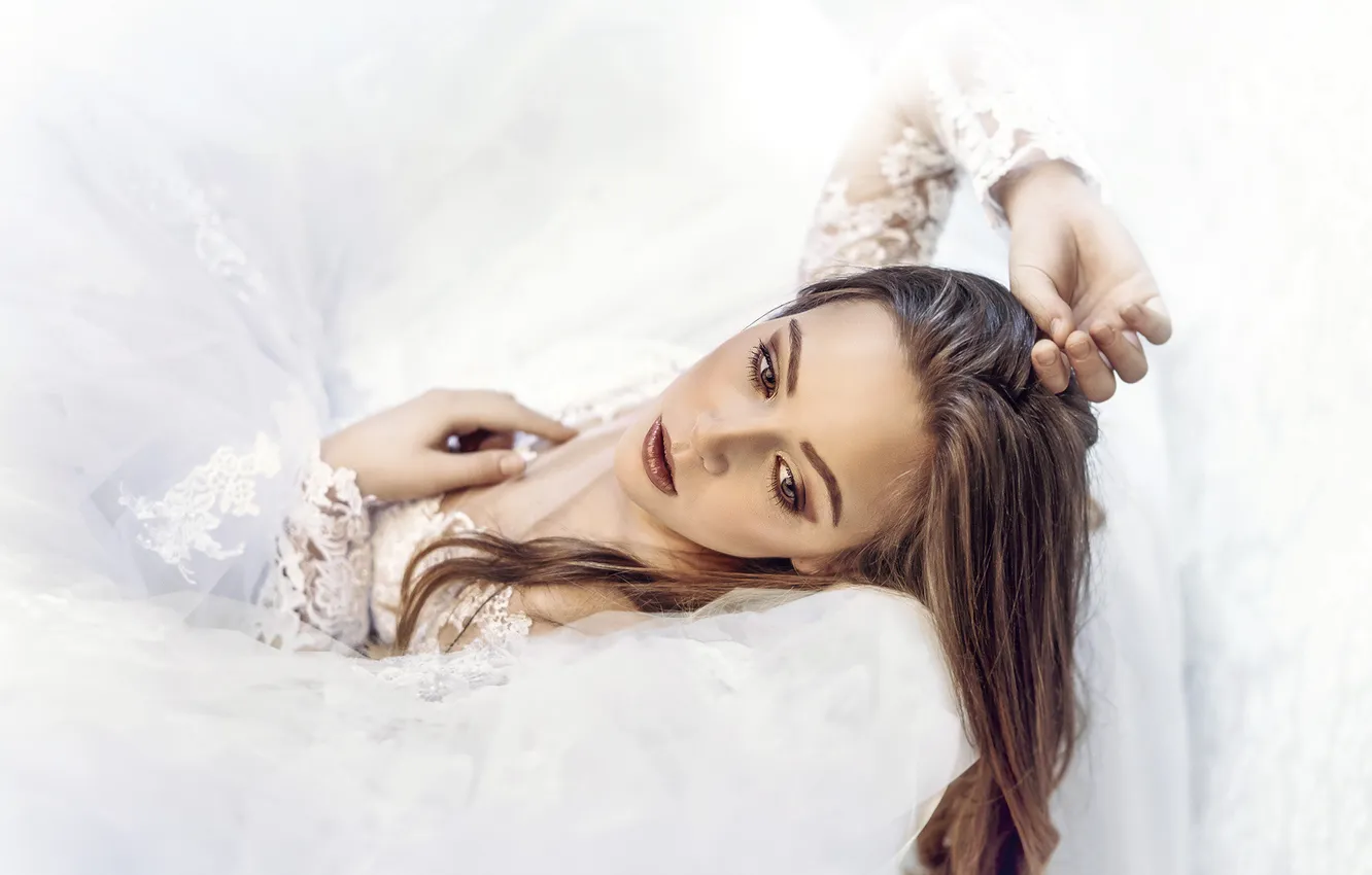 Photo wallpaper look, girl, style, portrait, hands, makeup, white background, lies