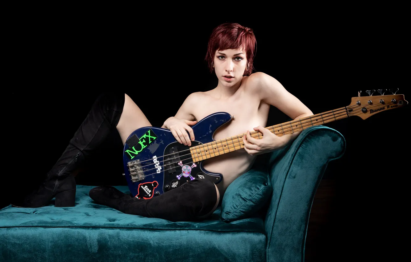 Photo wallpaper look, girl, pose, guitar, boots, black background
