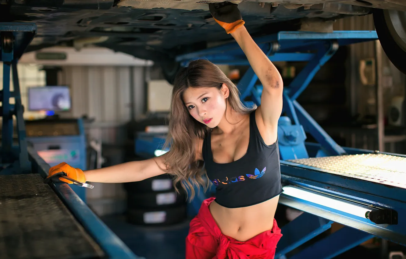 Photo wallpaper girl, sexy, Asian, garage