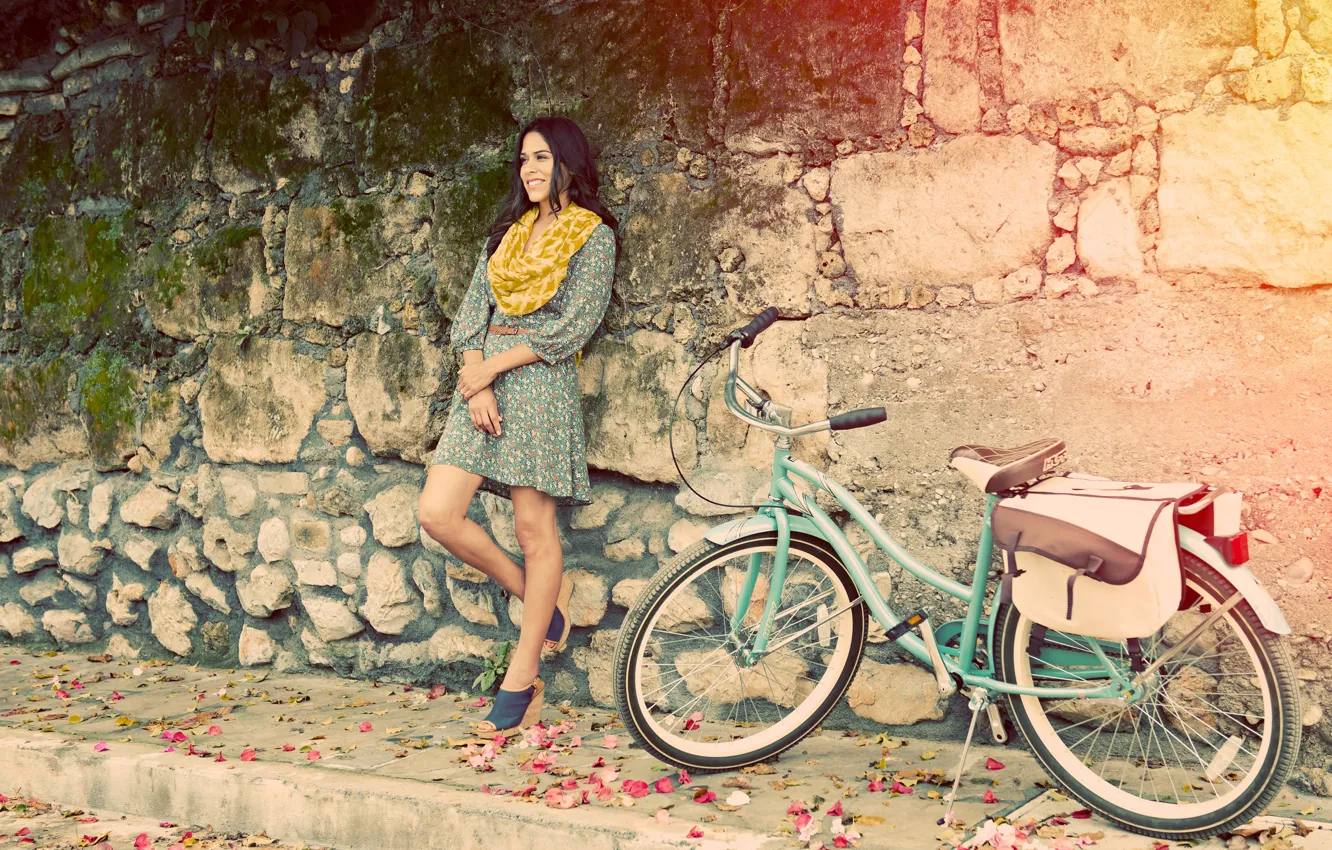Photo wallpaper girl, bike, the city, smile, wall, brunette