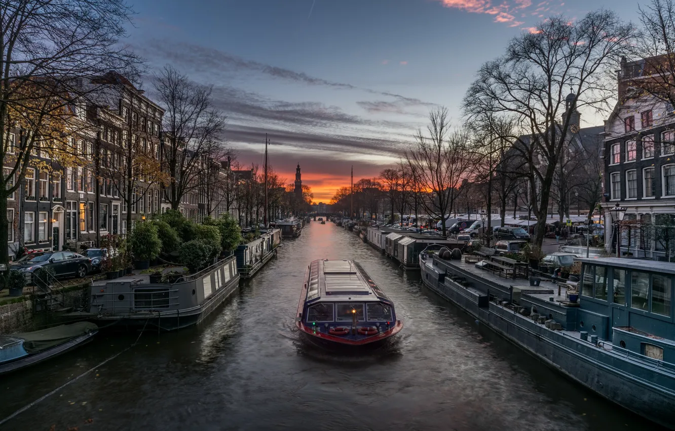 Photo wallpaper machine, the city, home, the evening, morning, boat, channel, Netherlands