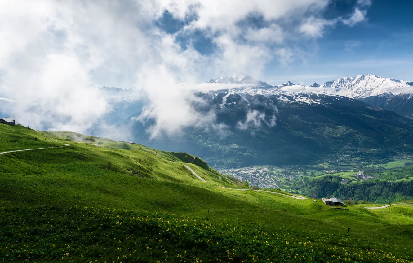 Photo wallpaper grass, clouds, landscape, mountains