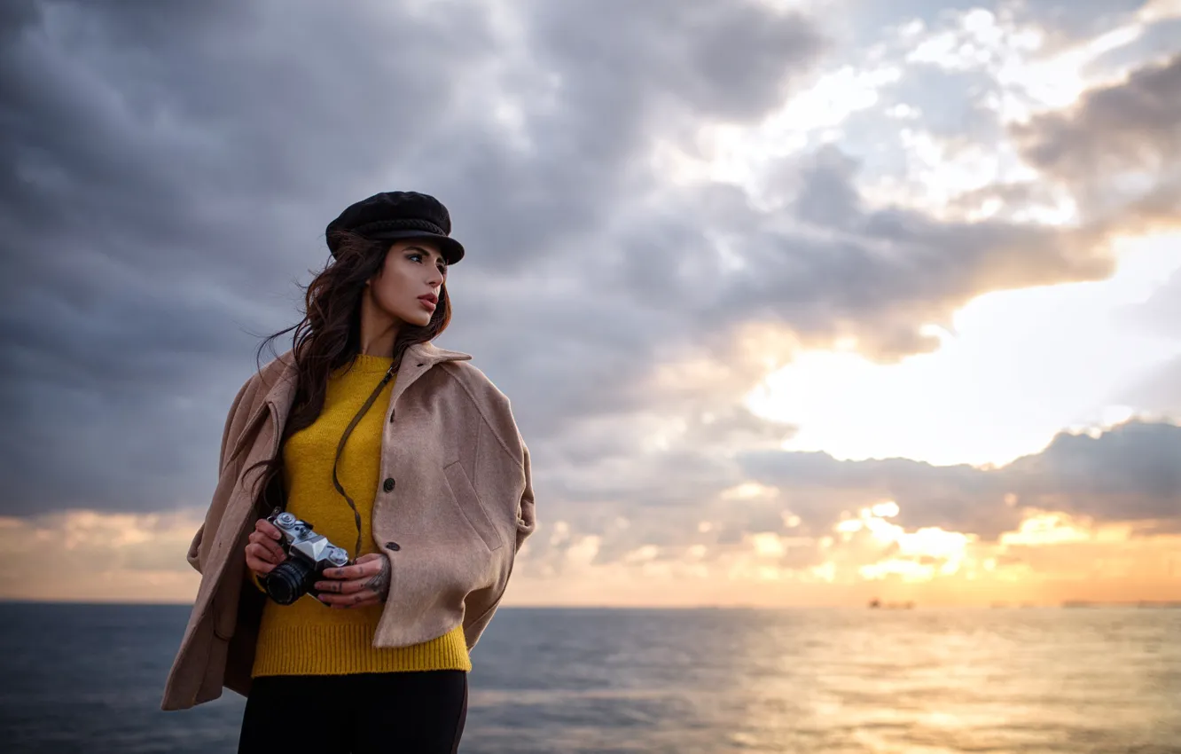 Photo wallpaper sea, girl, sunset, mood, the camera, Hakan Erenler