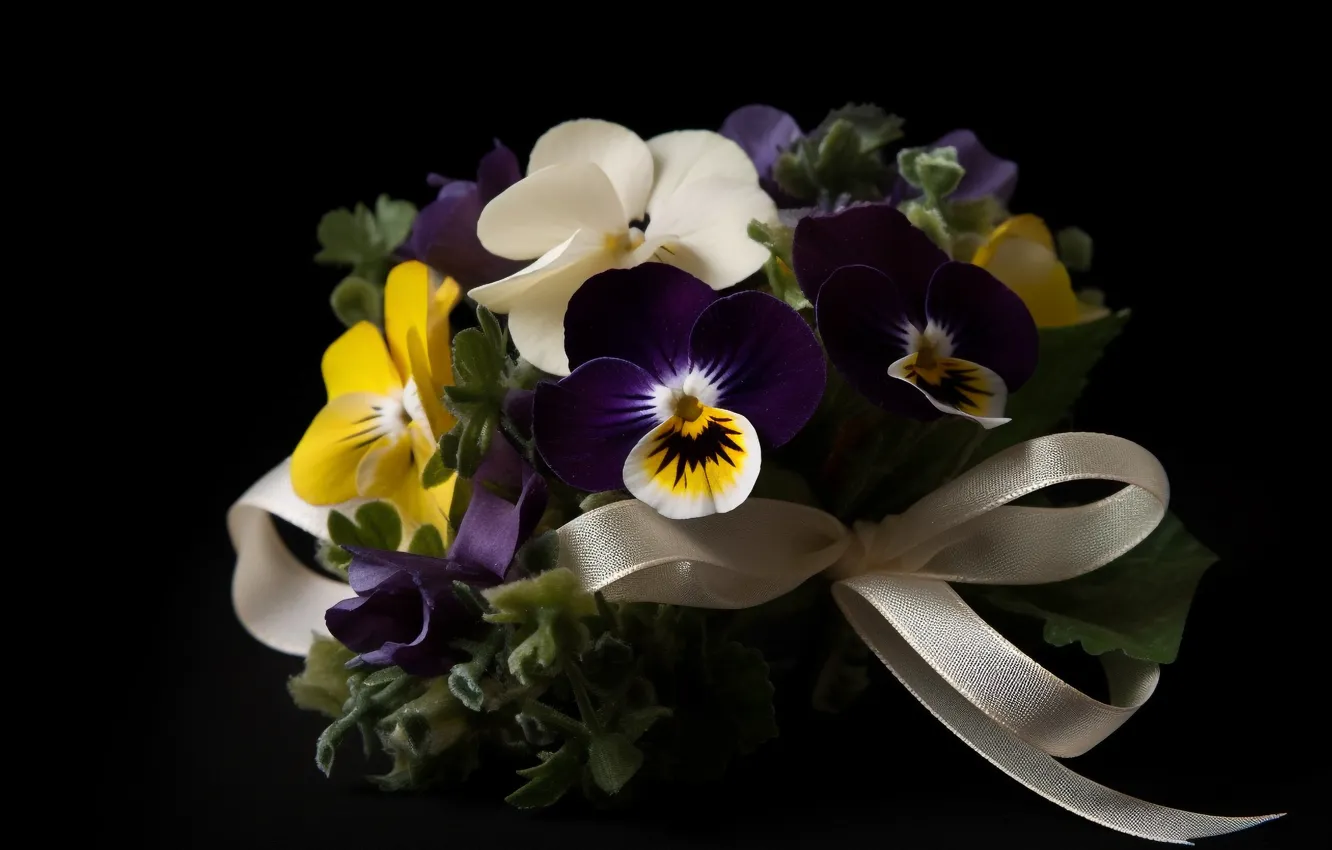 Photo wallpaper purple, flowers, yellow, the dark background, black background, Pansy, a bunch, composition