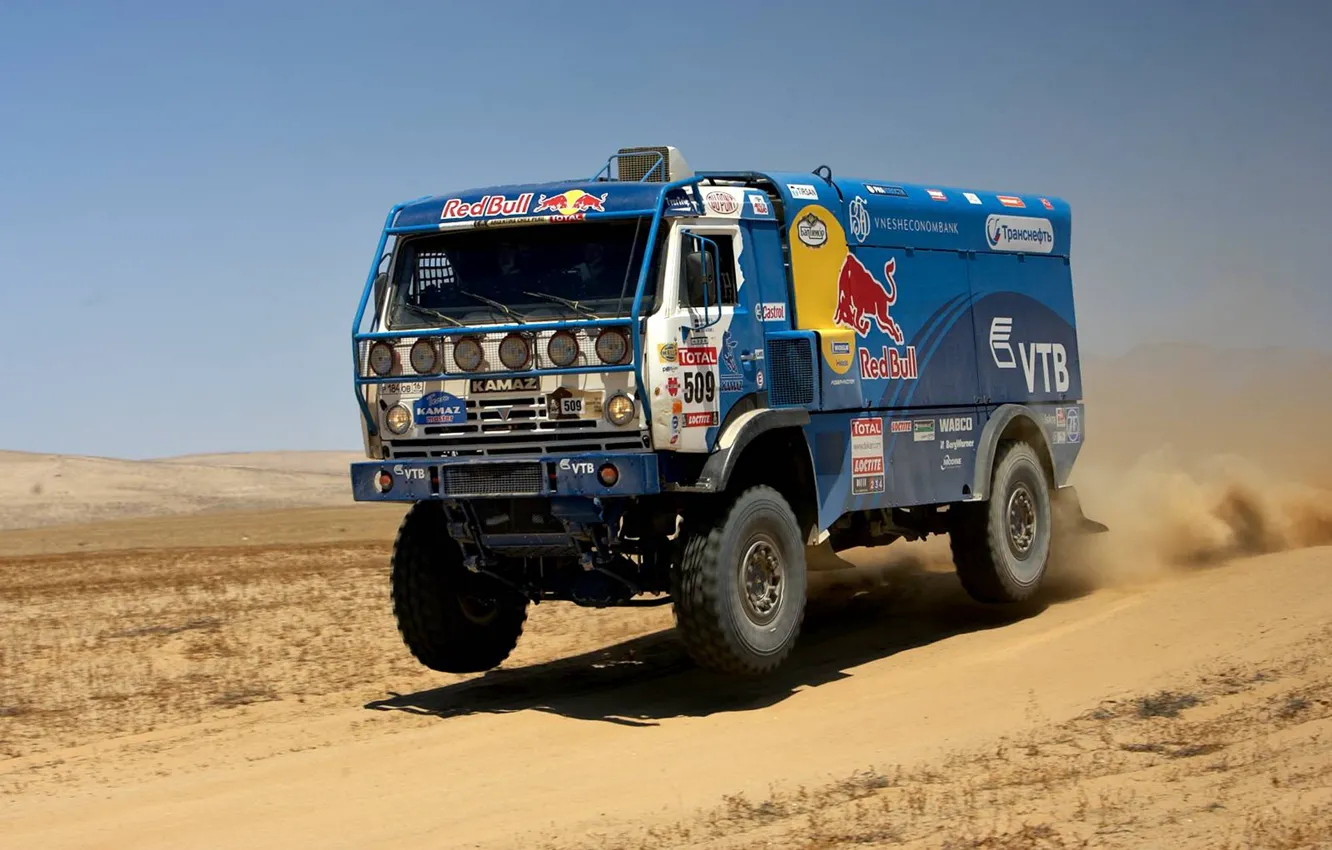 Photo wallpaper Speed, Truck, Lights, Red Bull, KAMAZ, Rally, KAMAZ, Dakar