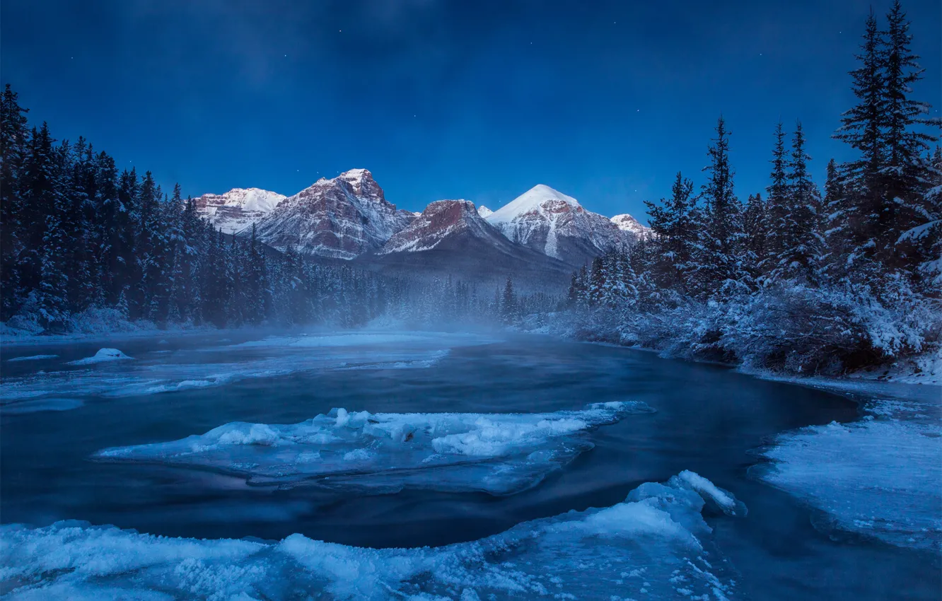 Photo wallpaper winter, forest, snow, mountains, night, river, ice, Canada
