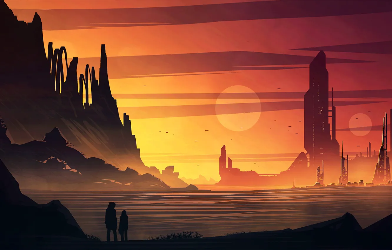 Photo wallpaper mountains, people, construction, pond, Martian Colony