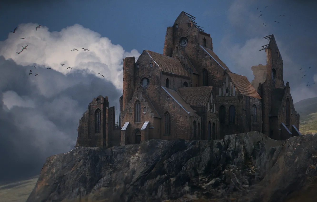 Photo wallpaper the sky, clouds, mountains, bird, building, the monastery, monastery