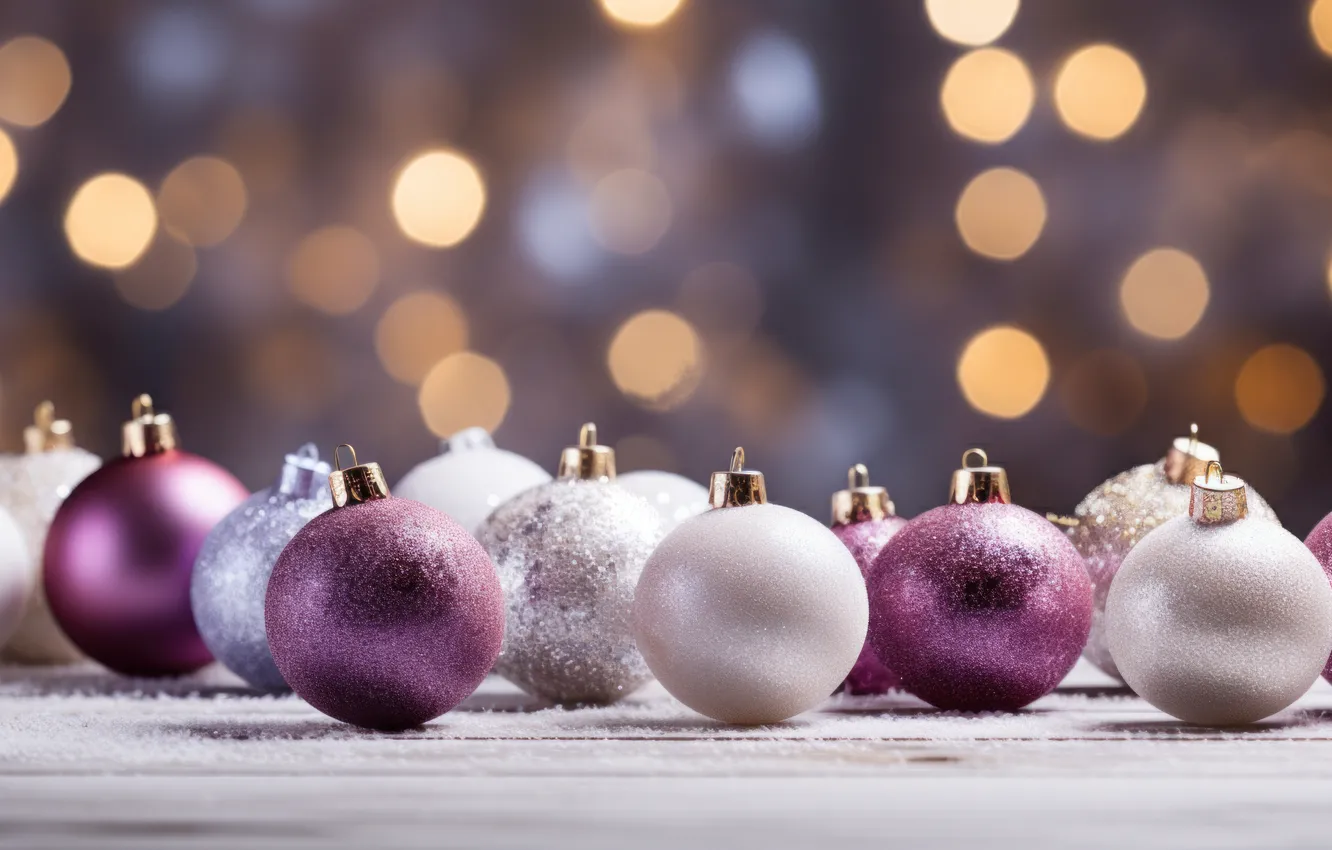 Photo wallpaper purple, balls, new year, Christmas, lilac, Christmas decorations, lilac background, AI art