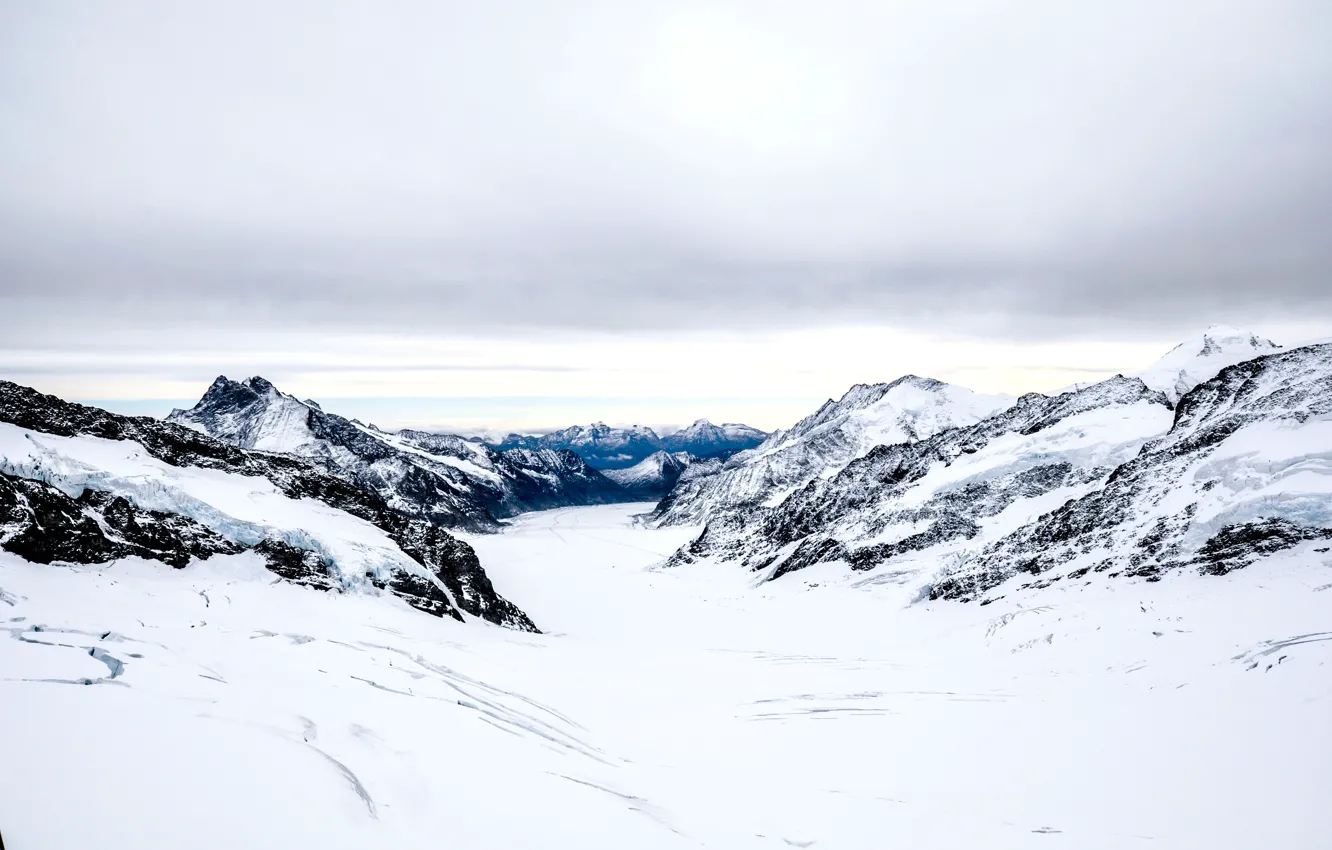 Photo wallpaper cold, snow, landscape, mountains, nature, overcast, ski, Alps
