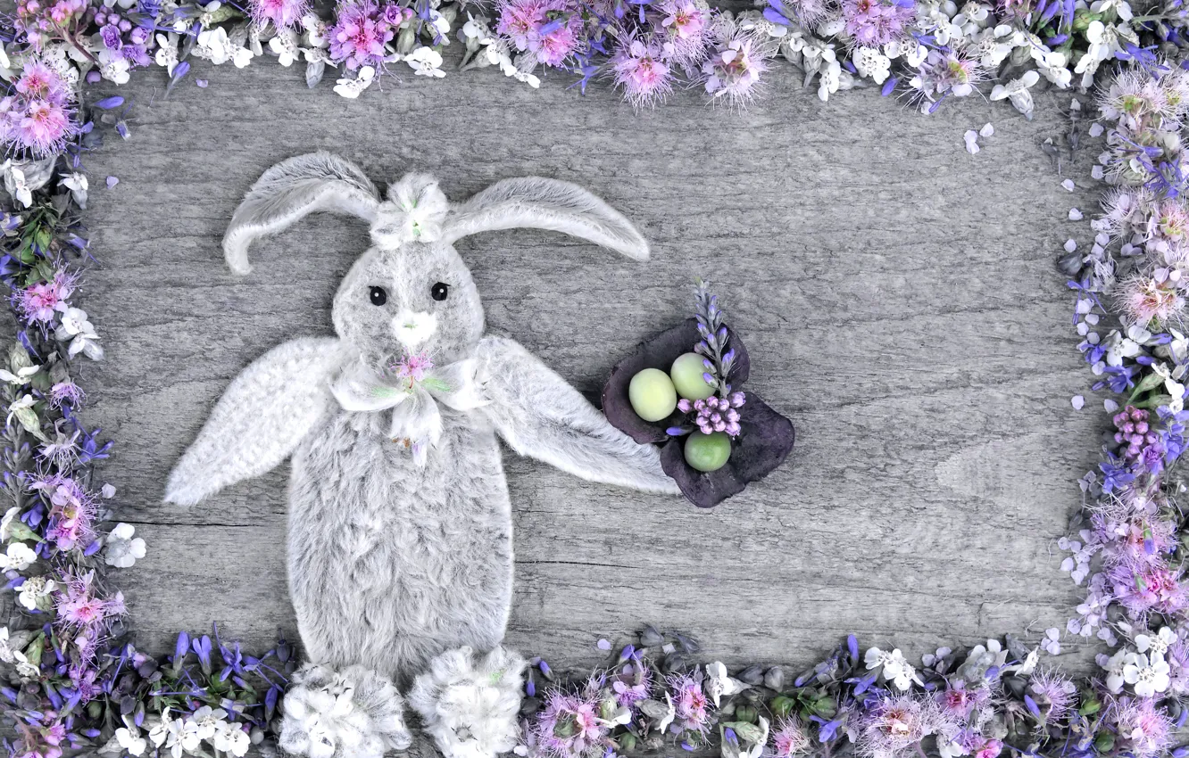 Photo wallpaper flowers, holiday, toy, eggs, spring, rabbit, Easter