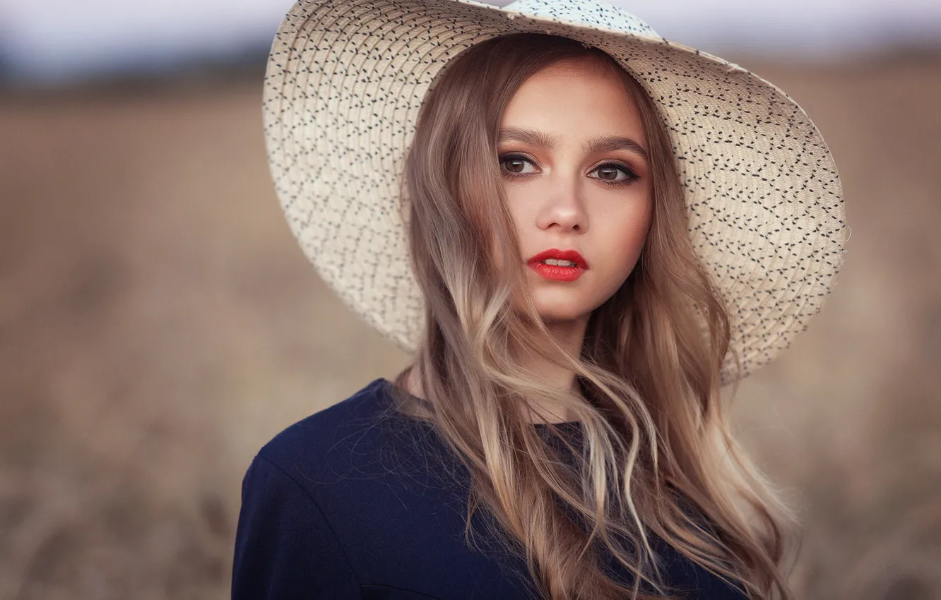 Photo wallpaper look, girl, face, background, hair, portrait, hat, Renat Fotov