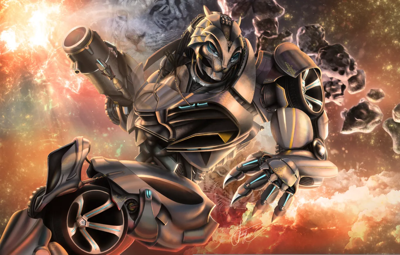 Photo wallpaper tiger, fiction, robot, wheel, art, Transformers, Transformer