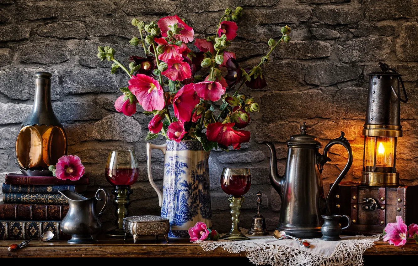 Photo wallpaper flowers, style, wine, books, bottle, glasses, lantern, box