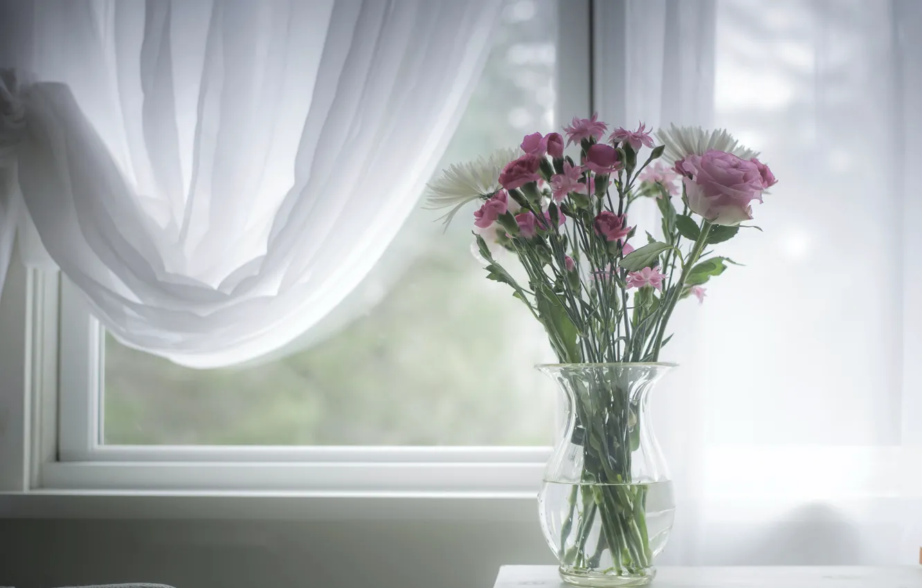 Photo wallpaper flowers, window, vase