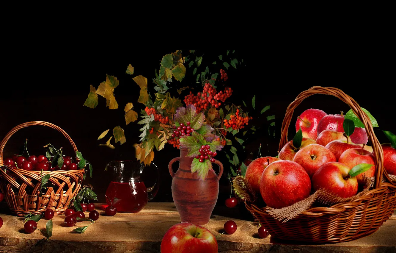 Photo wallpaper cherry, basket, pitcher, still life, Apples, Rowan, Kalina