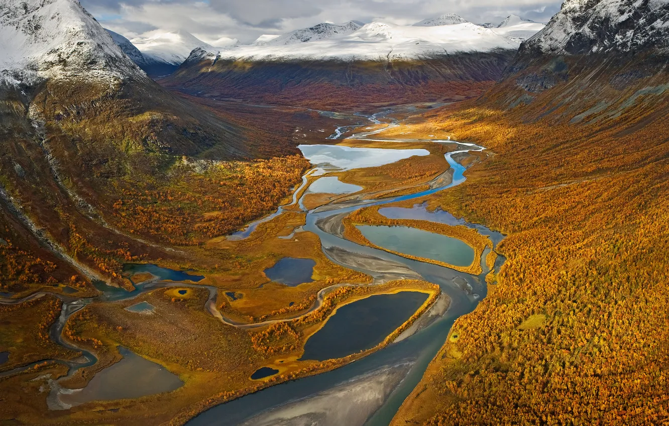 Photo wallpaper river, landscape, nature, hills, alley, outdoors