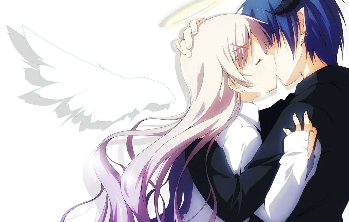 Photo wallpaper girl, wings, kiss, angel, anime, the demon, tears, art