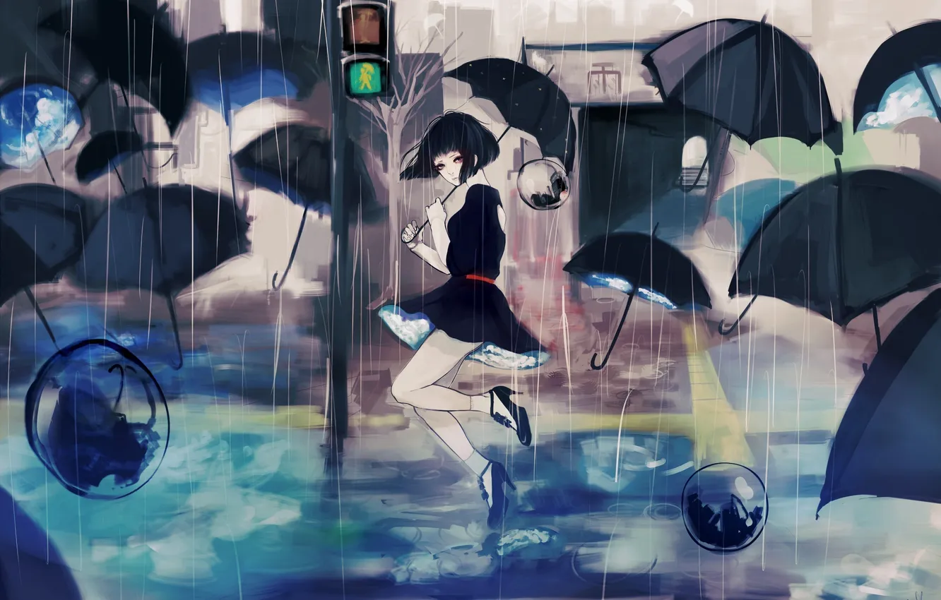Photo wallpaper girl, the city, rain, street, art, traffic light, umbrellas, maydell