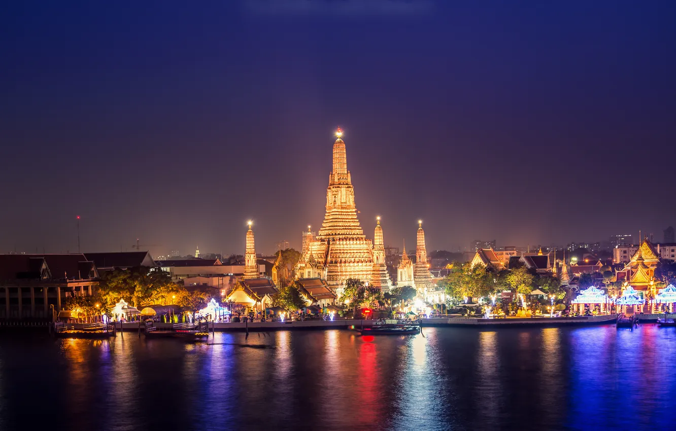 Photo wallpaper sea, night, lights, reflection, tower, pagoda, bangkok