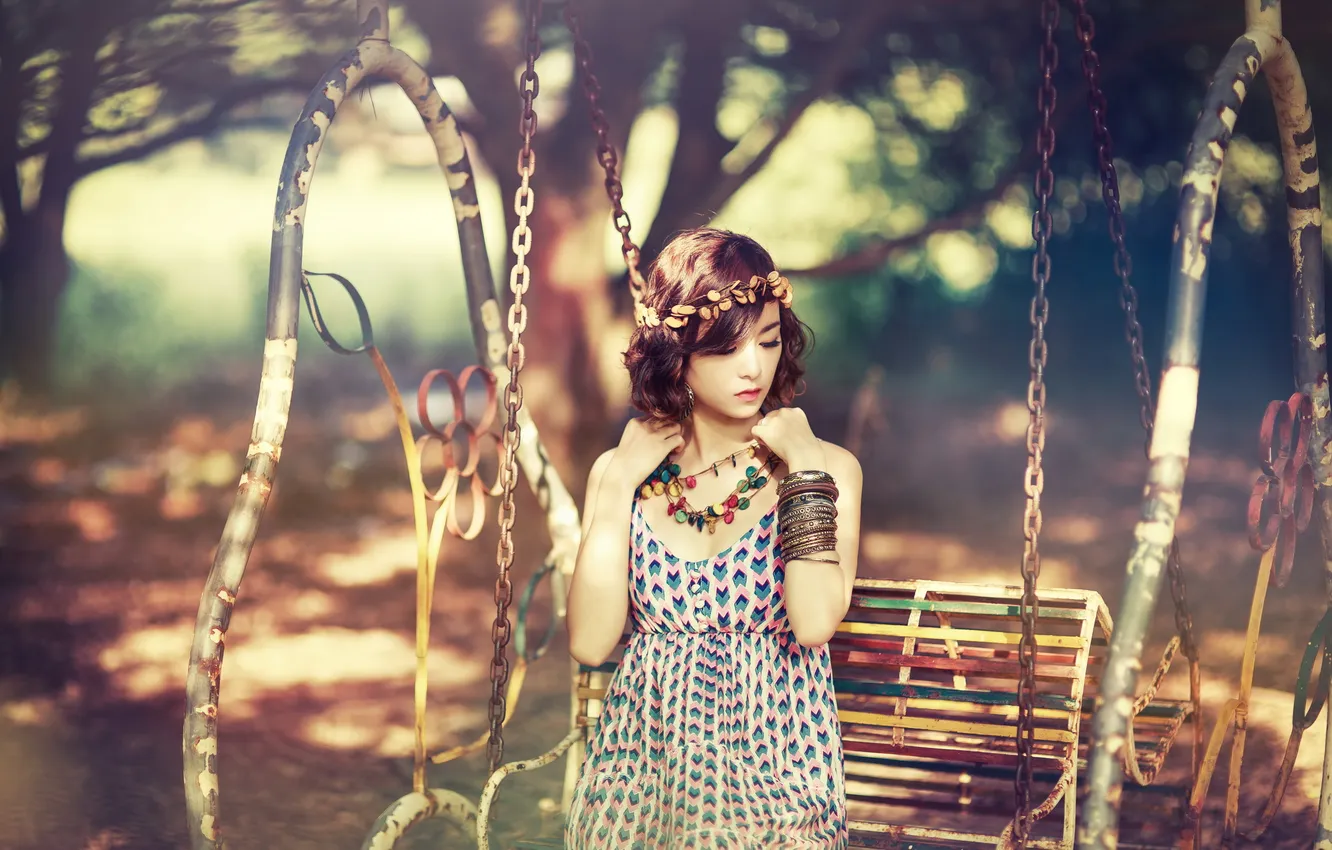 Photo wallpaper girl, swing, Asian