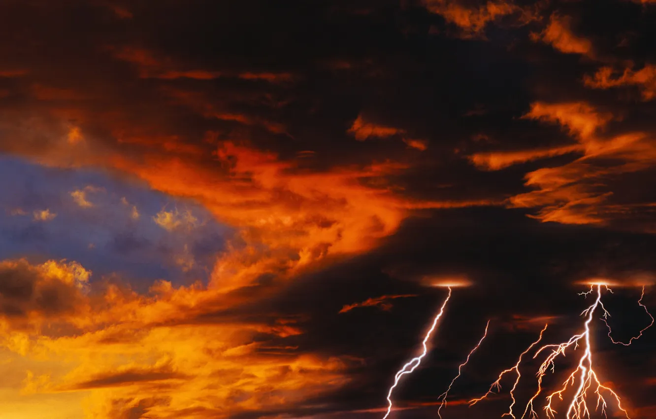 Photo wallpaper the storm, the sky, sunset, lightning
