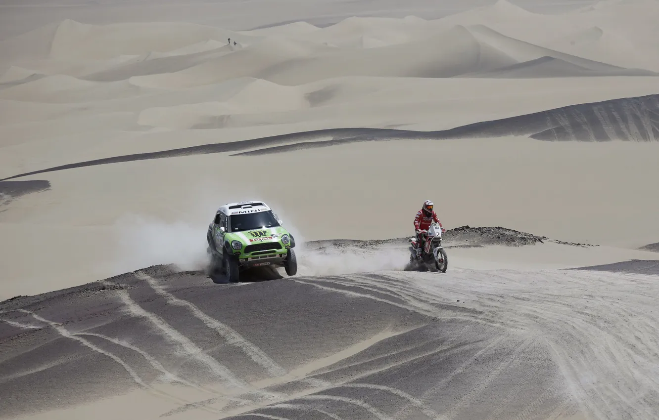 Photo wallpaper Mini, dunes, motorcycle, Mini Cooper, Dakar, Rally, Mini Cooper, X-raid