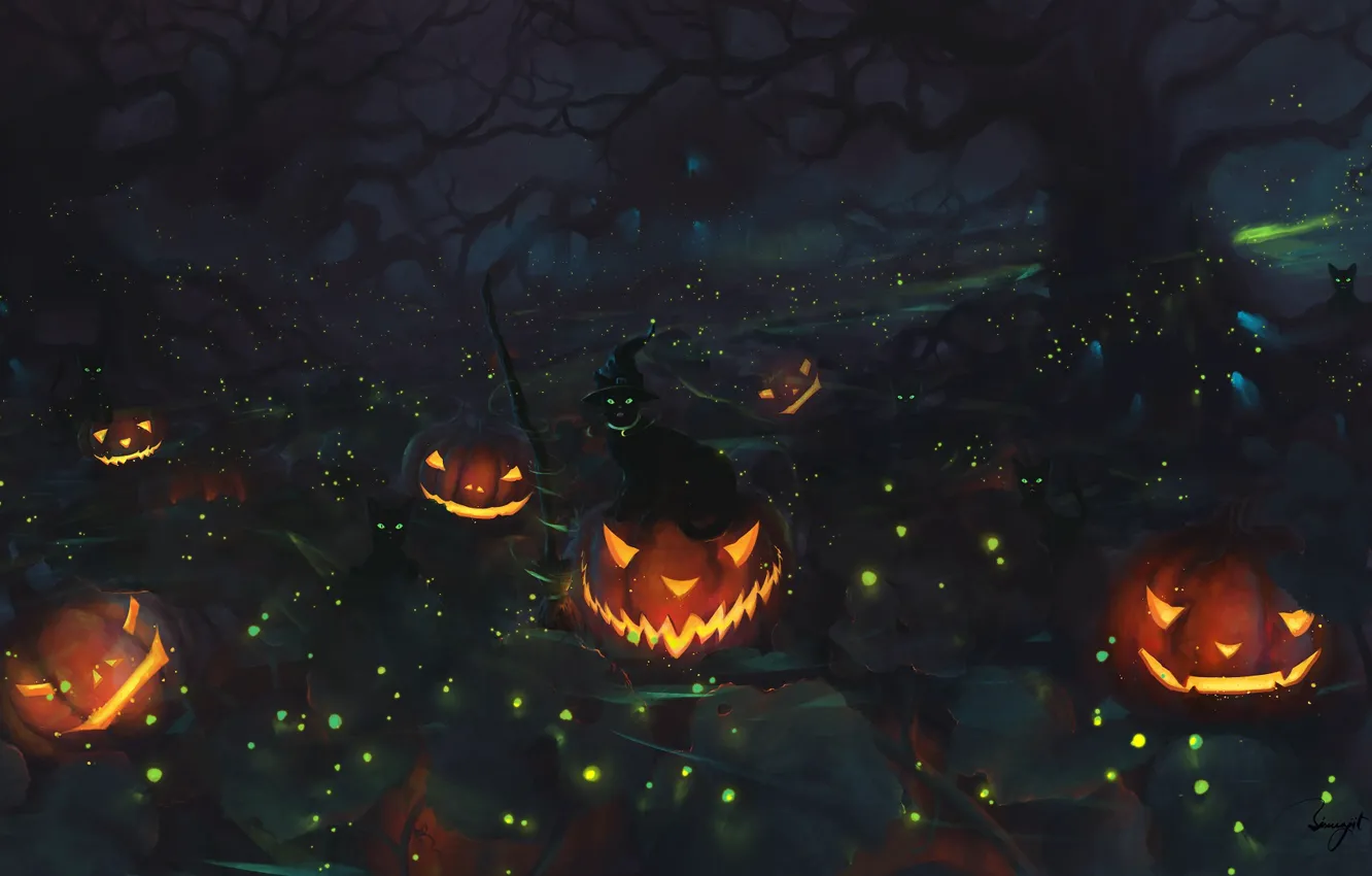 Photo wallpaper Halloween, forest, cat, holiday, digital art, artwork, pumpkins, fantasy art