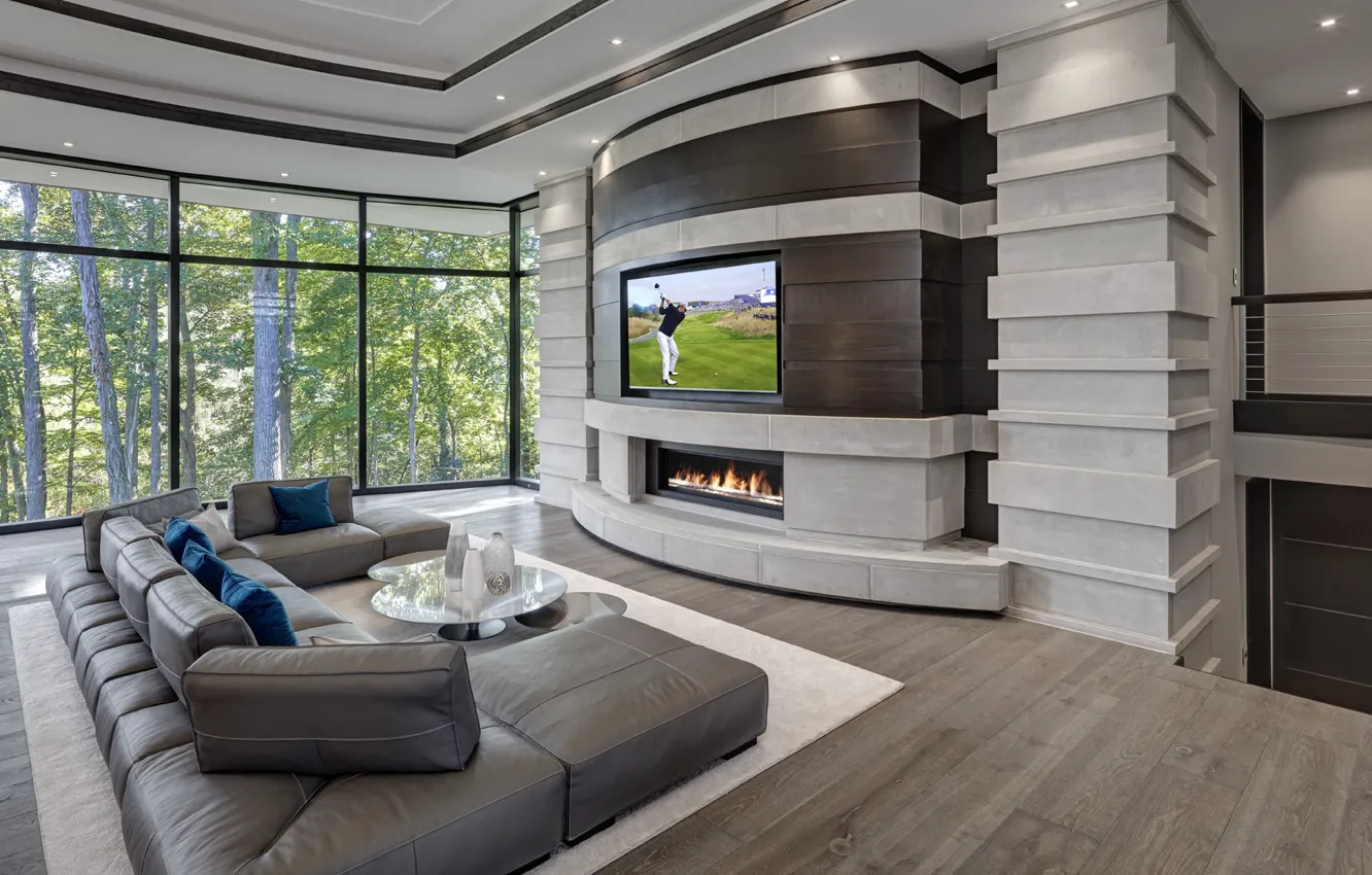 Photo wallpaper Villa, interior, fireplace, Detroit, Bloomfield Hills House, luxury living room, by Lou DesRosiers Architect
